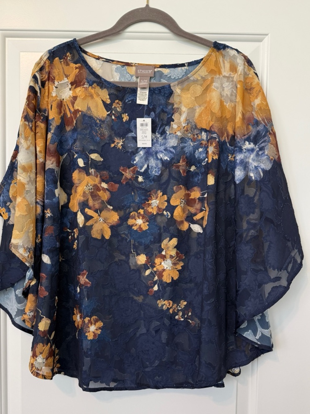 NWT Chico's Desert Garden Chanti Navy Blue Yellow Floral Poncho Top S/M